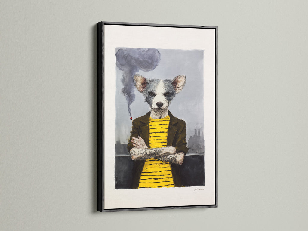 This quirky dog portrait art is elegantly framed in black. The anthropomorphic animal canvas print makes a bold statement. This whimsical pet art is perfect for an office or living room. The artwork's unique style combines industrial and utility aesthetics. The primary color is yellow and secondary color is grey.