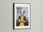 This quirky dog portrait art is elegantly framed in black. The anthropomorphic animal canvas print makes a bold statement. This whimsical pet art is perfect for an office or living room. The artwork's unique style combines industrial and utility aesthetics. The primary color is yellow and secondary color is grey.