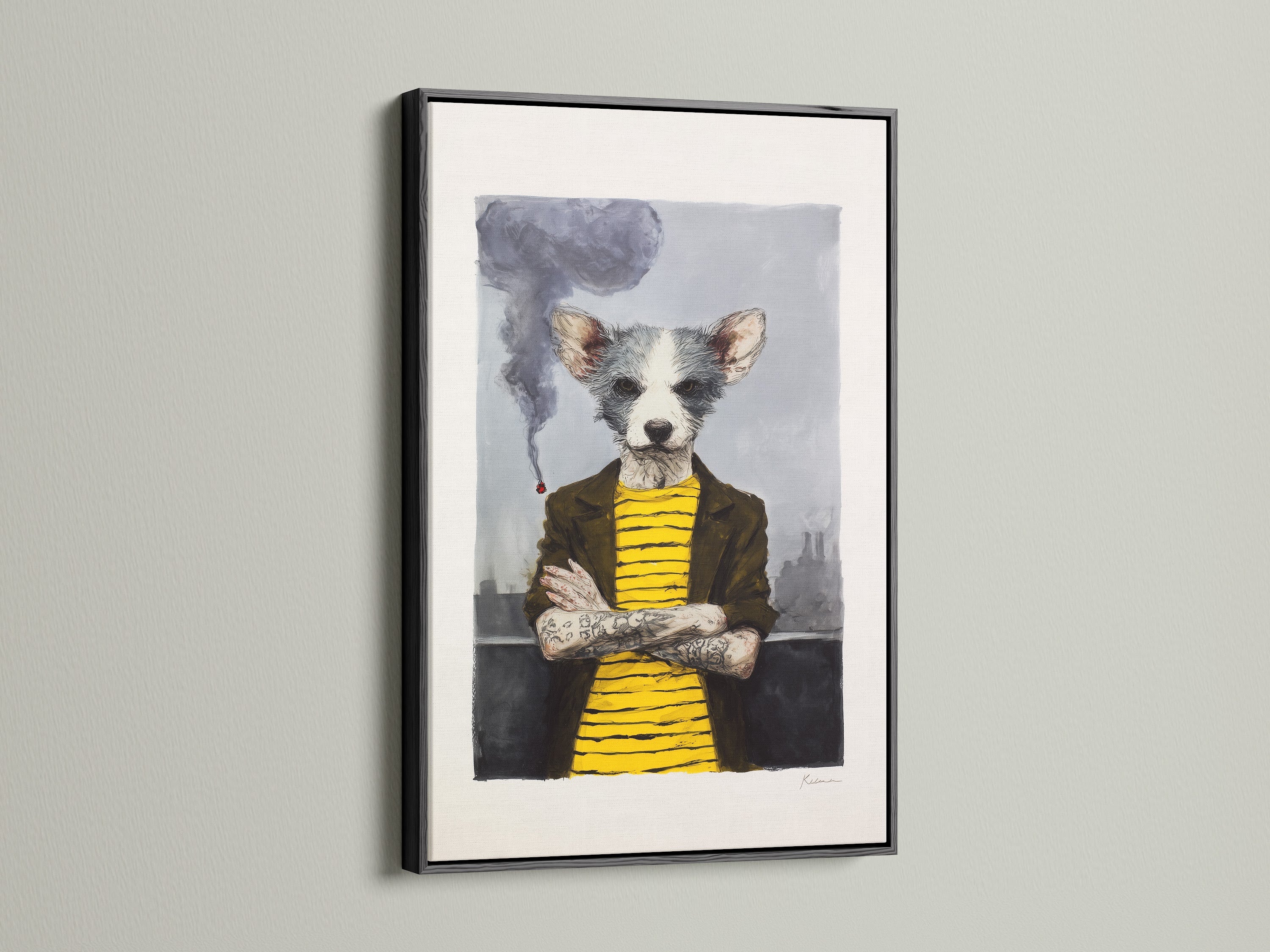 This quirky dog portrait art is elegantly framed in black. The anthropomorphic animal canvas print makes a bold statement. This whimsical pet art is perfect for an office or living room. The artwork's unique style combines industrial and utility aesthetics. The primary color is yellow and secondary color is grey.