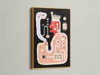A gold frame enhances abstract monster art. This whimsical art print is a contemporary piece. It will add a touch of fun to any space. This colorful wall decor is perfect for eclectic styles. The secondary color is pink.