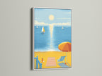 This beach scene artwork is framed in white. The sailboat summer poster enhances bedroom decor. This coastal canvas art brings a fresh look. Nautical wall art is perfect for a beach house.