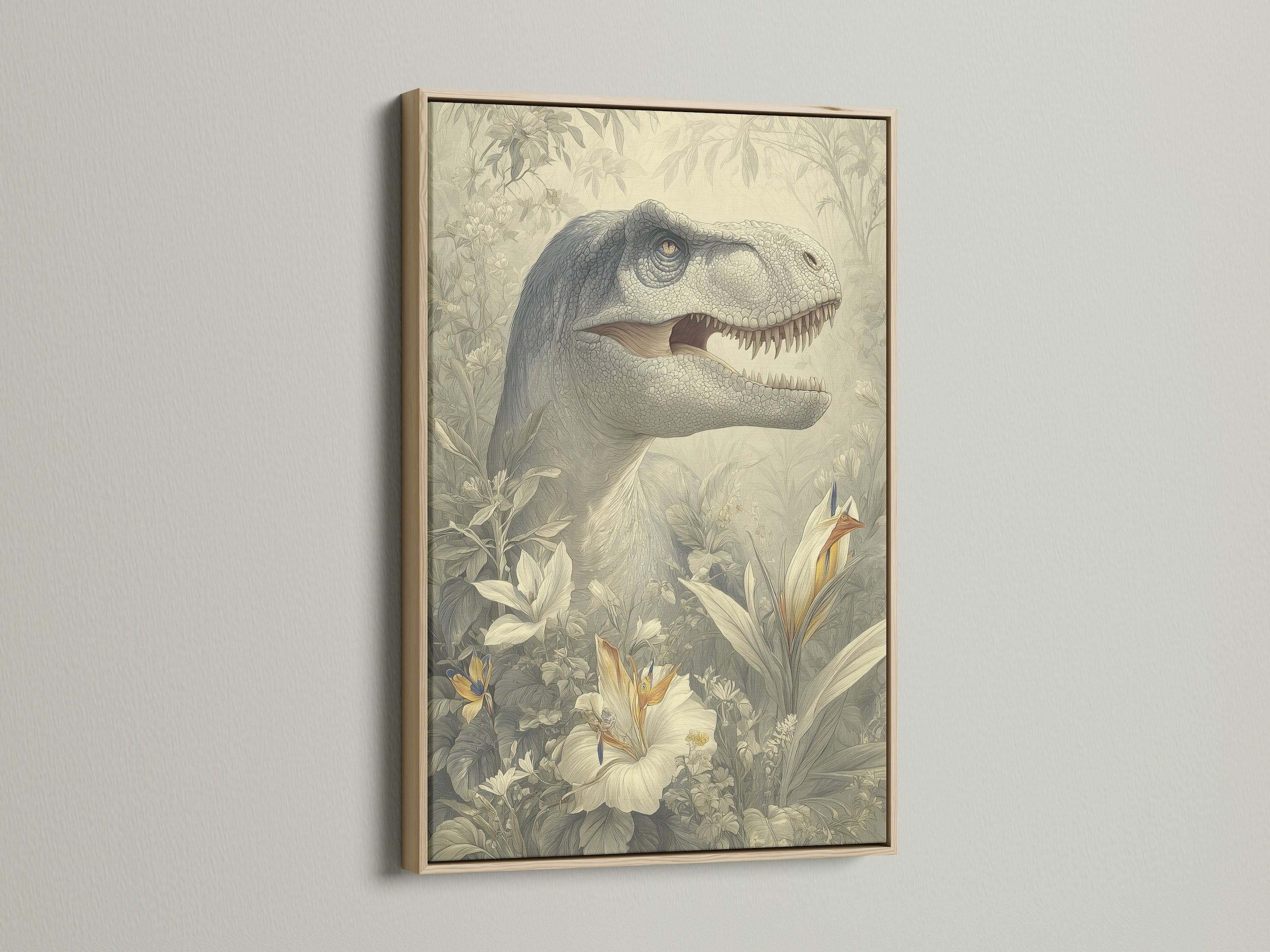 A beautiful oak frame displays a dinosaur artwork. The light oak wood enhances the artwork. Oak frames add warmth to any space. Explore our oak frame options for your next art purchase.