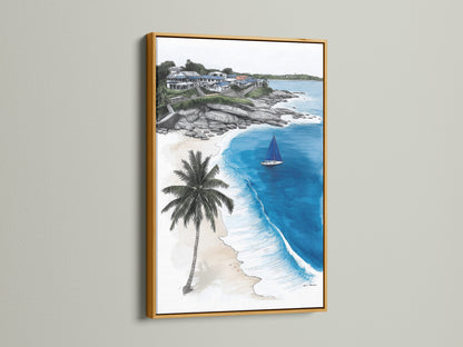 This gold frame enhances the tropical artwork's beauty. The coastal beach artwork showcases a sailboat print. The blue ocean artwork is perfect for beach house decor. Gold frames add elegance to this nautical wall art and summer art print.