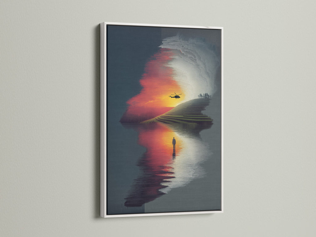This surreal landscape canvas features a sunset reflection in a white frame. The clean white frame enhances the modern wall decor. This fine art print adds a touch of sophistication to any room. Perfect for homeowners renters interior designers and stagers
