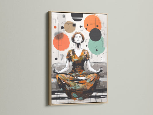 Abstract Meditation Art Print displayed in an oak frame. The artwork brings modern zen to any space. The oak frame adds a natural touch. Perfect for living rooms meditation rooms and wellness centers.
