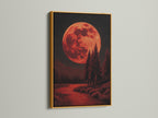 This blood moon landscape wall art is beautifully framed in gold. The celestial art piece enhances your gothic decor. It adds a touch of elegance and mystery to your living space. Add this to your collection now.