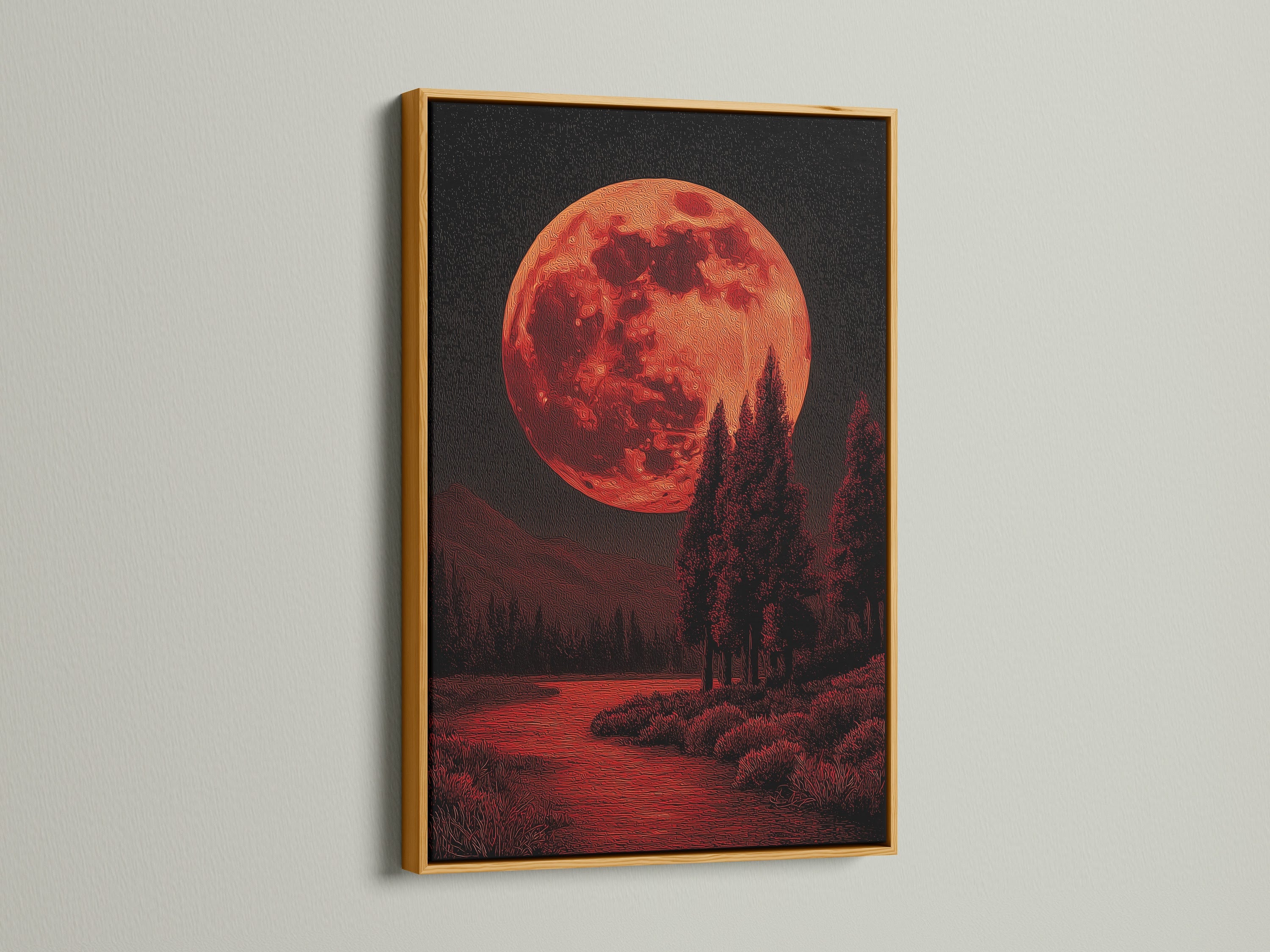 This blood moon landscape wall art is beautifully framed in gold. The celestial art piece enhances your gothic decor. It adds a touch of elegance and mystery to your living space. Add this to your collection now.