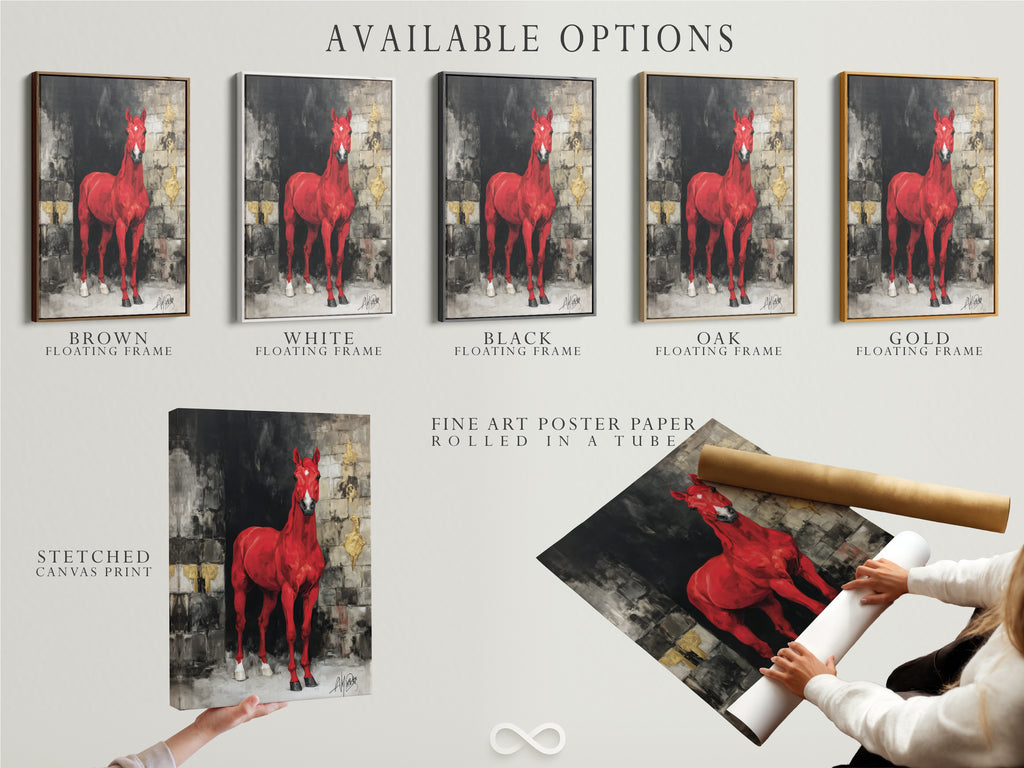 Explore the available options. Choose from stretched canvas prints fine art poster paper or floating frames. Customize your red horse artwork to match your style. Find the perfect format for your equestrian decor and modern animal artwork.