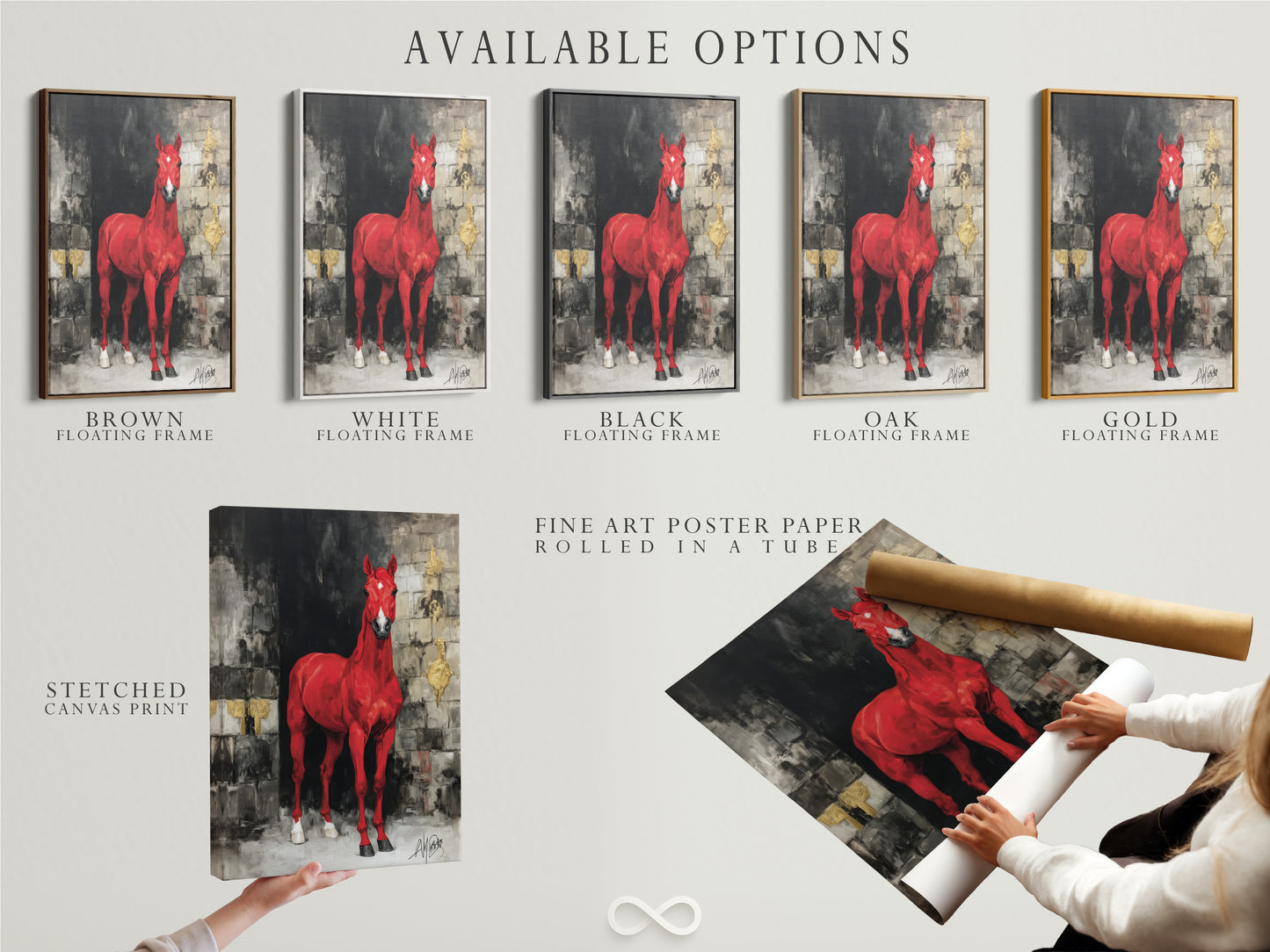 Explore the available options. Choose from stretched canvas prints fine art poster paper or floating frames. Customize your red horse artwork to match your style. Find the perfect format for your equestrian decor and modern animal artwork.