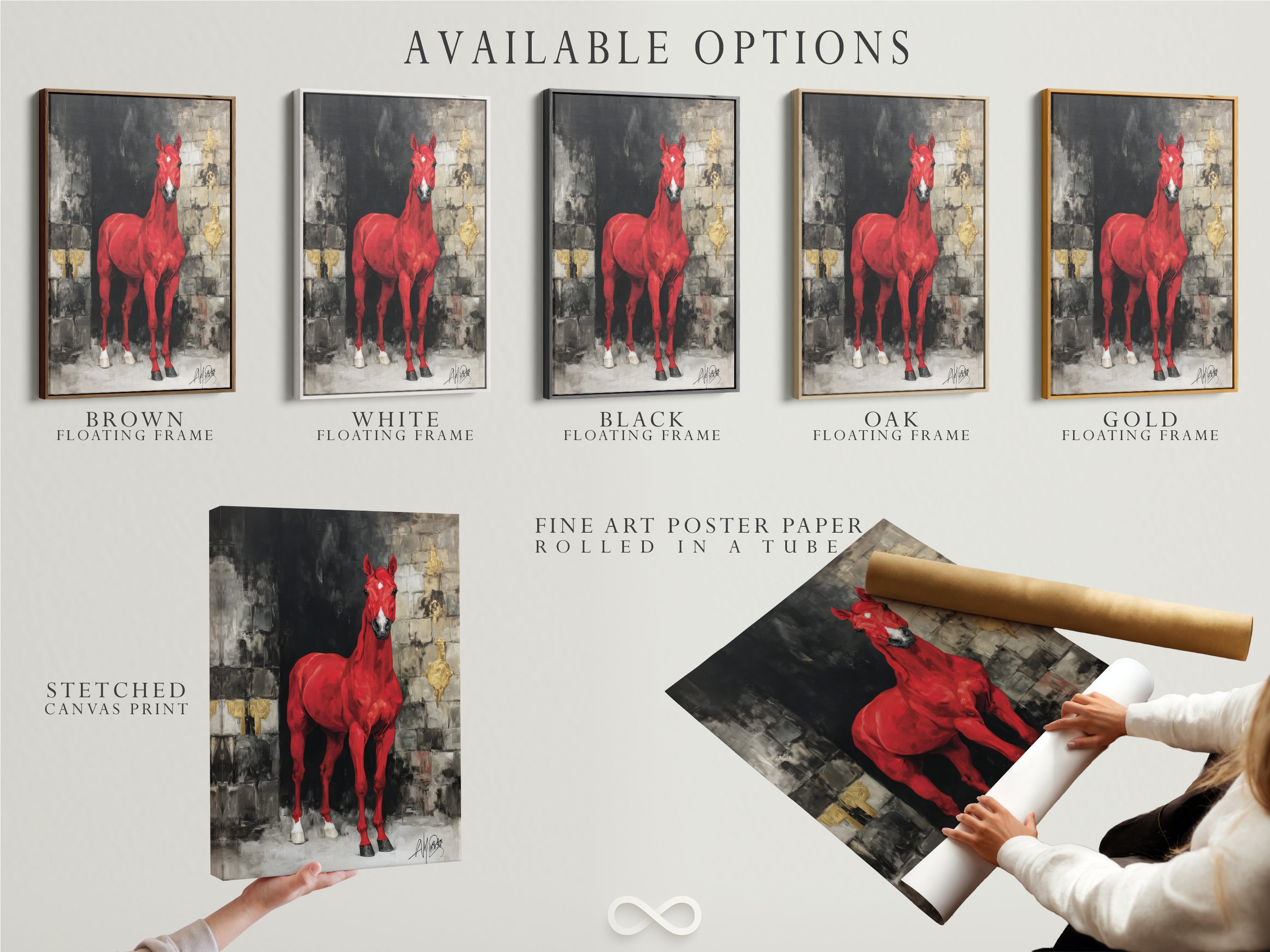 Explore the available options. Choose from stretched canvas prints fine art poster paper or floating frames. Customize your red horse artwork to match your style. Find the perfect format for your equestrian decor and modern animal artwork.
