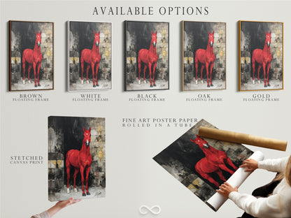 Explore the available options. Choose from stretched canvas prints fine art poster paper or floating frames. Customize your red horse artwork to match your style. Find the perfect format for your equestrian decor and modern animal artwork.