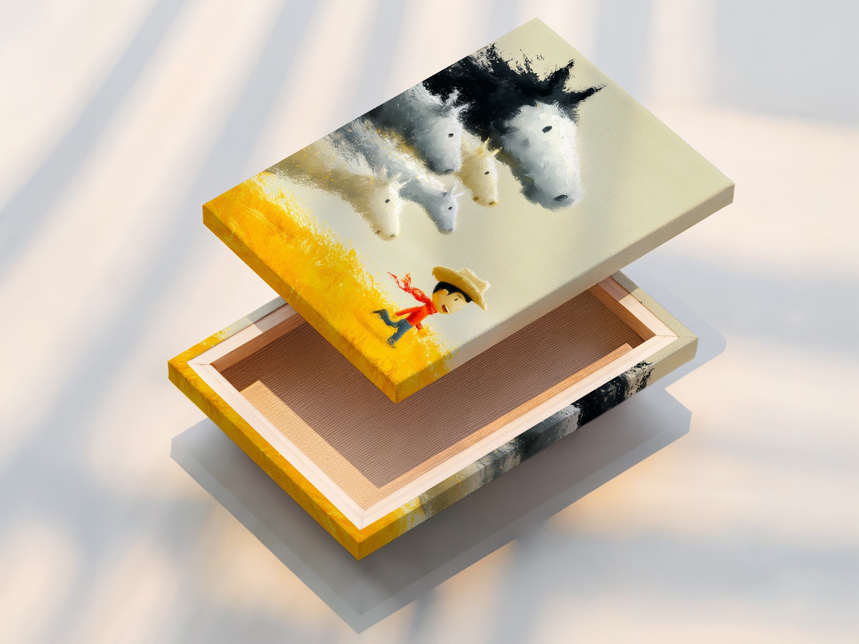 This is a stretched canvas print of a boy running with horses. The canvas is stretched perfectly. The artwork is vibrant and ready to hang. This is great for any room.