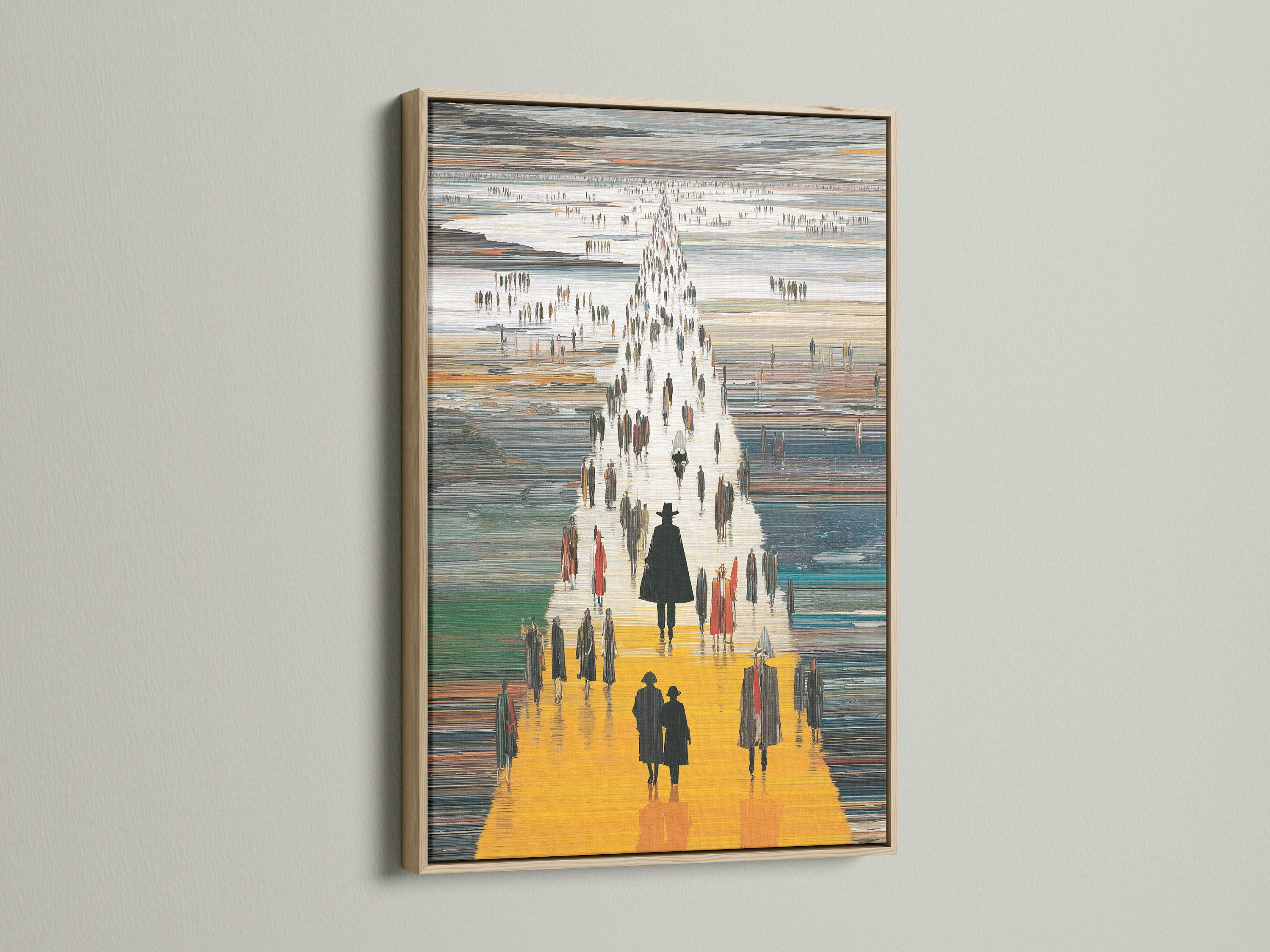 The abstract figures art is showcased in an oak frame. This modern canvas print adds a refined touch to any room. Perfect for living rooms bedrooms and offices. The silhouette wall art complements minimalist styles.