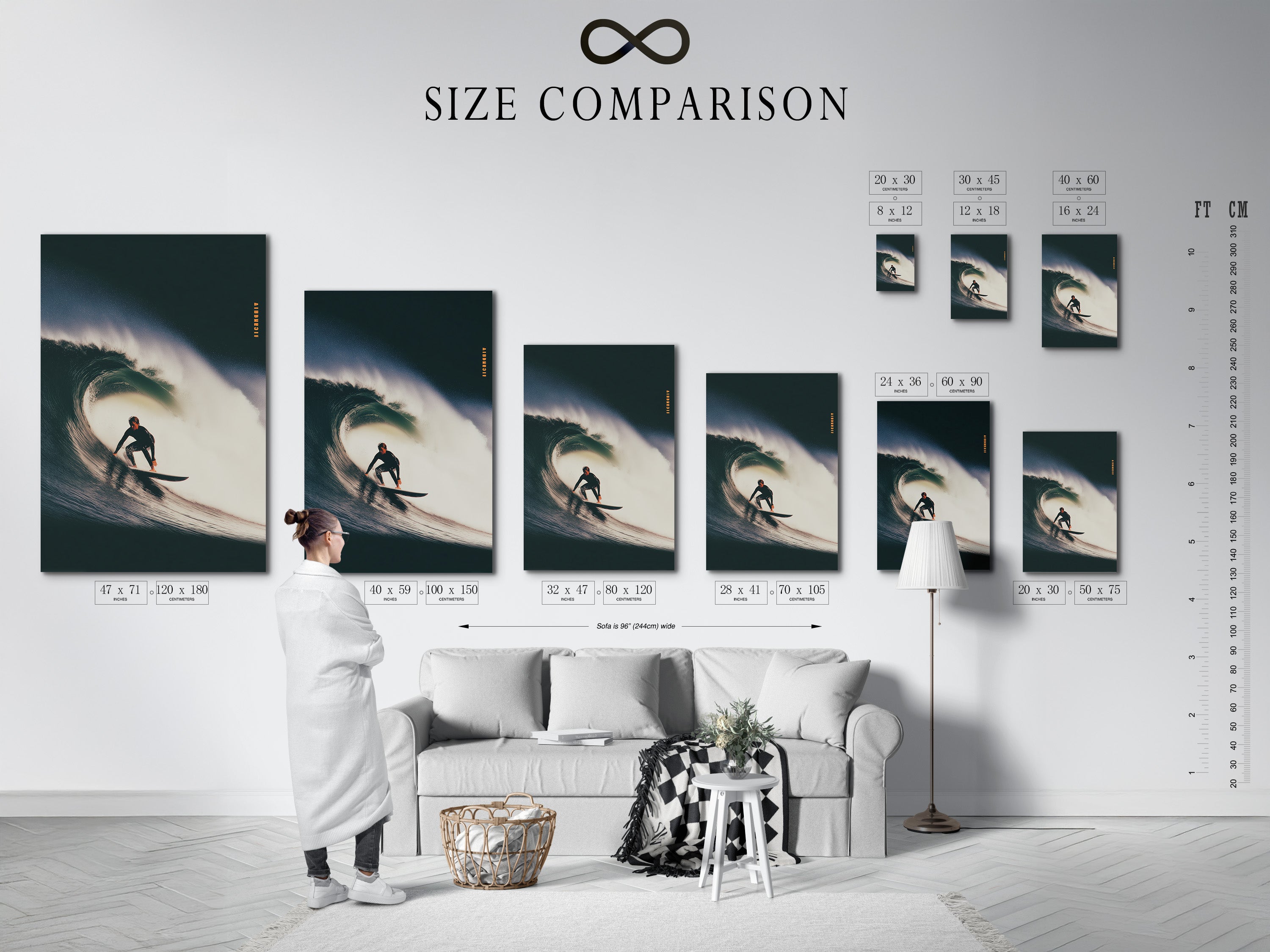 A size comparison chart is displayed. The chart is set in an interior. Different sizes are shown side-by-side. This chart helps visualize artwork dimensions. Choose the perfect size for your space. Make an informed decision.