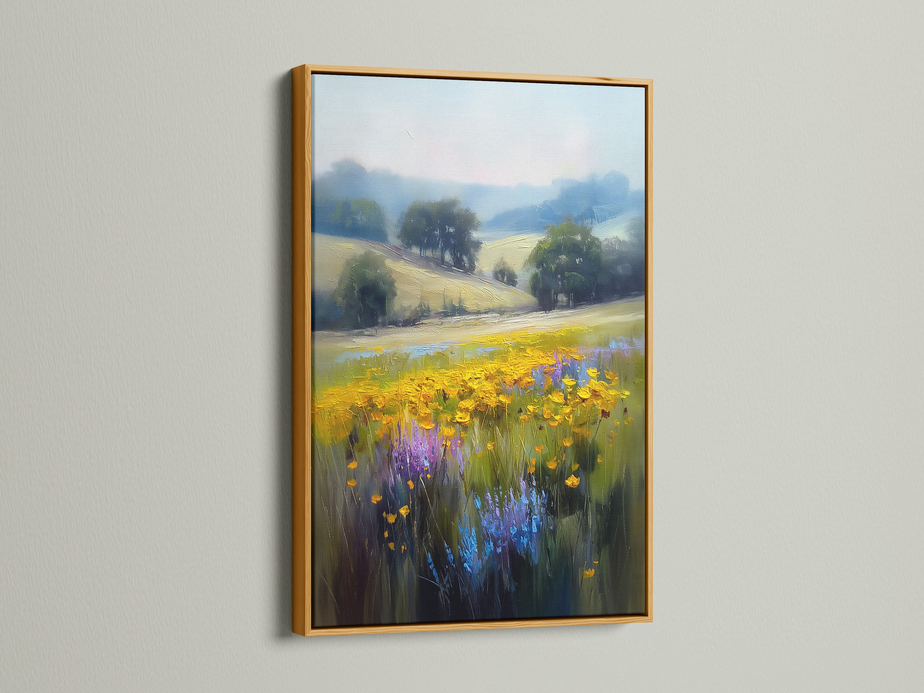 The wildflower meadow artwork is radiant in a gold frame. The piece enhances the artwork's impressionist details. It adds a touch of luxury to your living space. The yellow flowers and purple blooms create a vibrant country scene. This floral wall art is perfect for adding elegance.