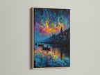 Abstract waterscape artwork with an oak frame. This contemporary wall decor complements minimalist interiors. The surreal cityscape features a swirling sky. This colorful wall art is perfect for office wall art.
