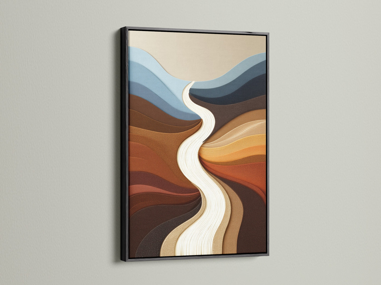 This abstract river art is framed in black. The black frame provides a bold modern look. This modern canvas art elevates any space. The earthy tones in the wall art create a cozy atmosphere. Perfect for adding a touch of nature to your home or office. See how a black frame enhances artwork.