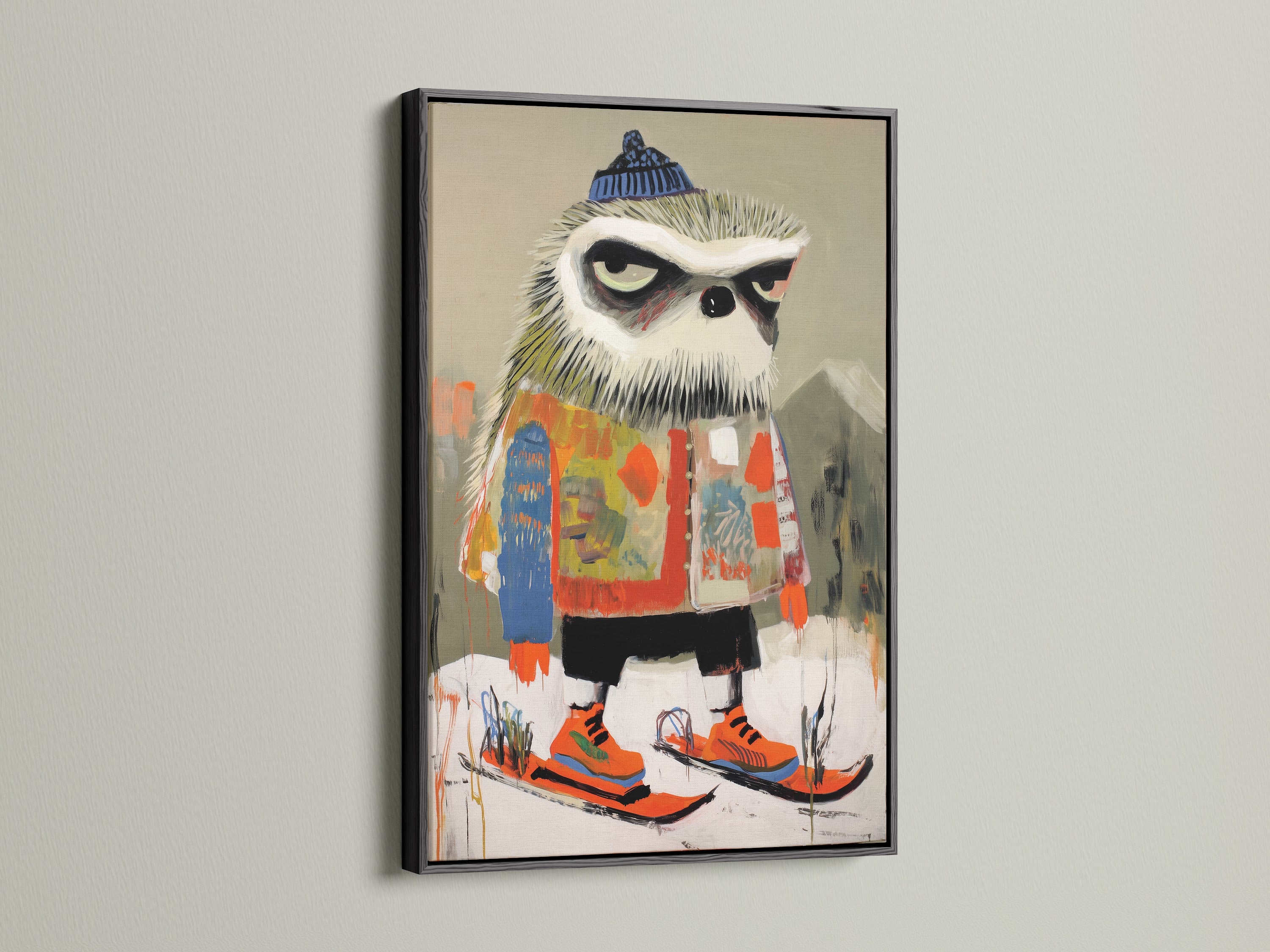 The skiing owl art makes a bold statement in a black frame. This winter animal print adds a touch of whimsy to contemporary spaces. Ideal for kids room wall art or funny wall decor this piece stands out. The artwork is great for eclectic Scandinavian and modern spaces.