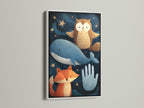 A white frame displays a delightful artwork. The art features a fox an owl a whale and a hand. They are set against a starlit night sky. This framed print offers a clean modern look. It is perfect for brightening up any room with its light and airy feel.
