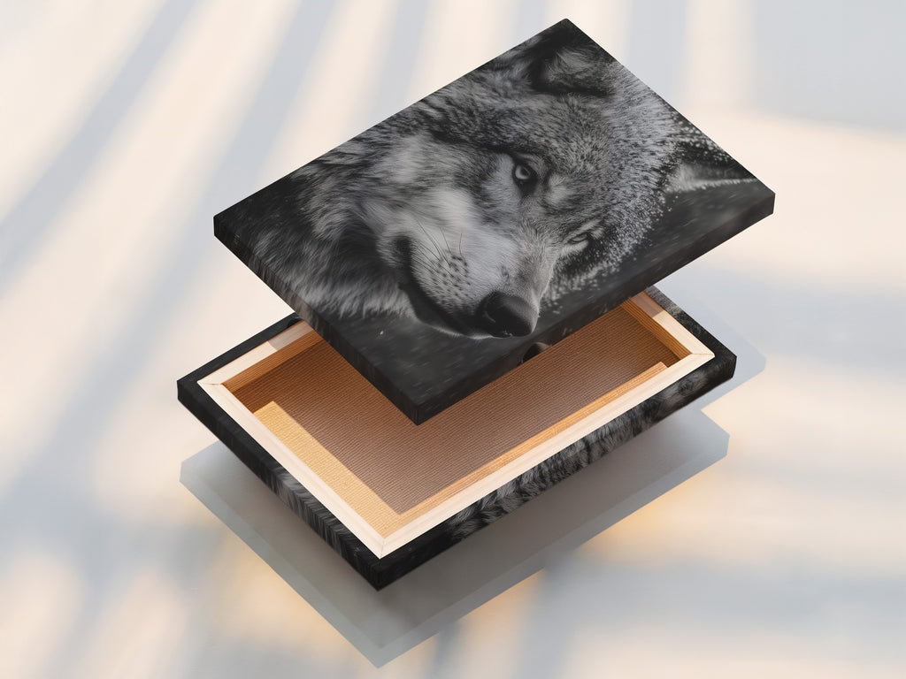 A stretched canvas print displays the captivating wolf portrait. Ready to hang and transform your space. The black and white wildlife art adds a touch of wilderness to your walls. Perfect for living rooms and offices.