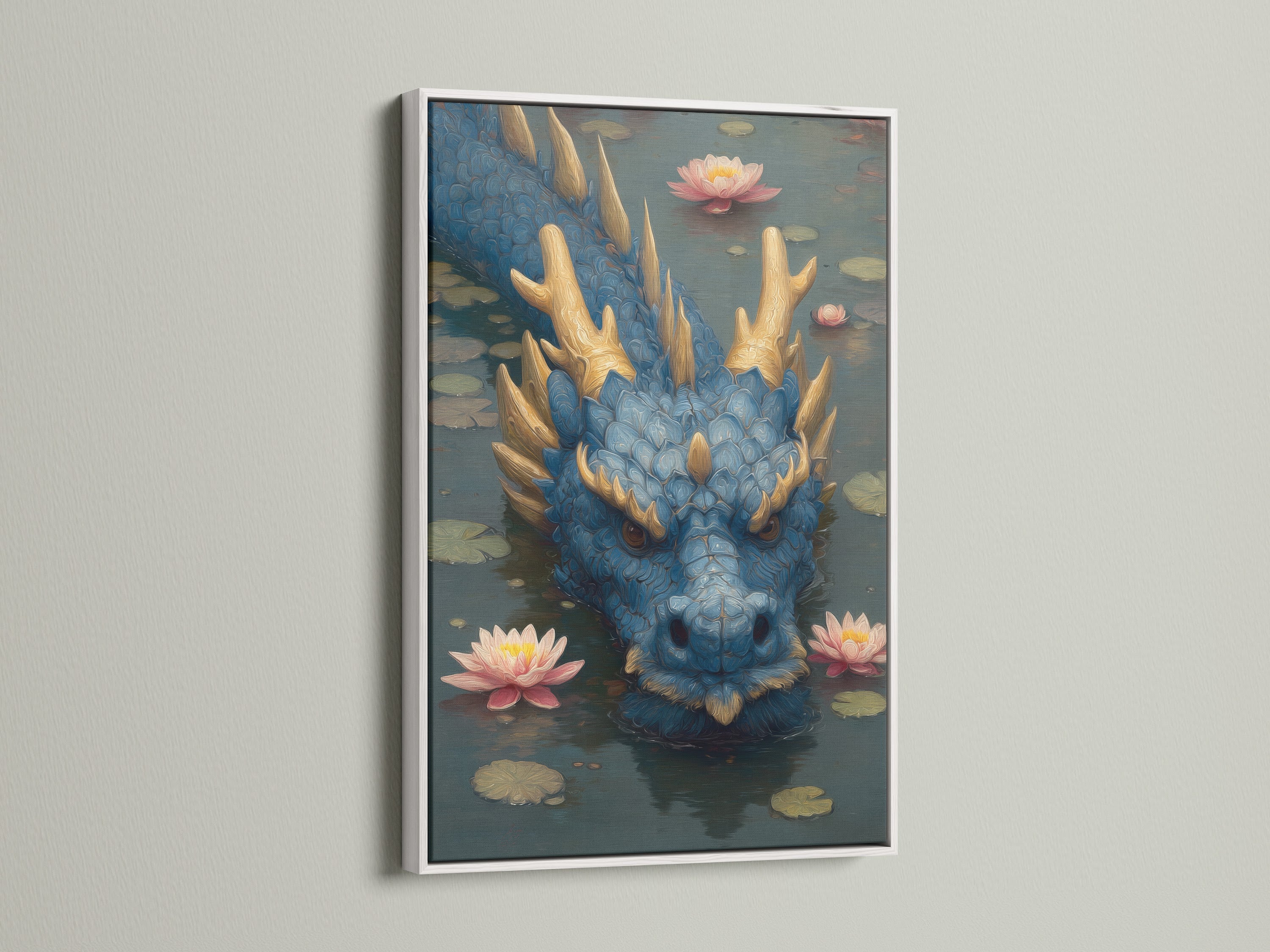 Artwork displayed in a clean white frame. The art features a blue dragon in a pond with pink lotus flowers. The white frame offers a modern and minimalist look. Perfect for adding sophistication to any room with framed art.