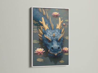 Artwork displayed in a clean white frame. The art features a blue dragon in a pond with pink lotus flowers. The white frame offers a modern and minimalist look. Perfect for adding sophistication to any room with framed art.