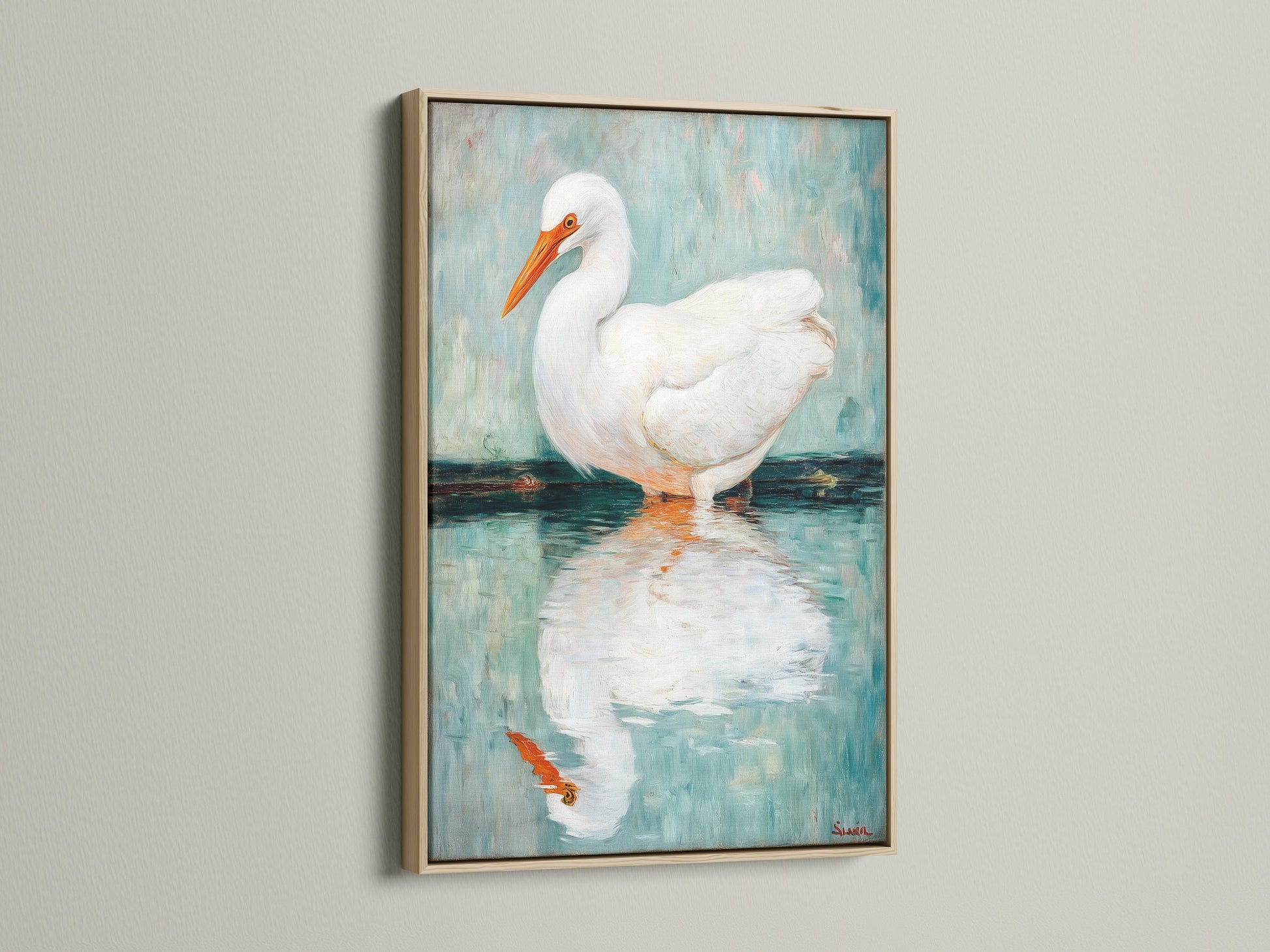 A close-up of the Egret art in an oak frame. This bird canvas print adds a touch of nature to any space.  Ideal coastal wall art for a calming atmosphere. Perfect for minimalist and Scandinavian styles. Discover how this heron print enhances your home decor.  A wonderful gift for bird lovers seeking serene artwork.