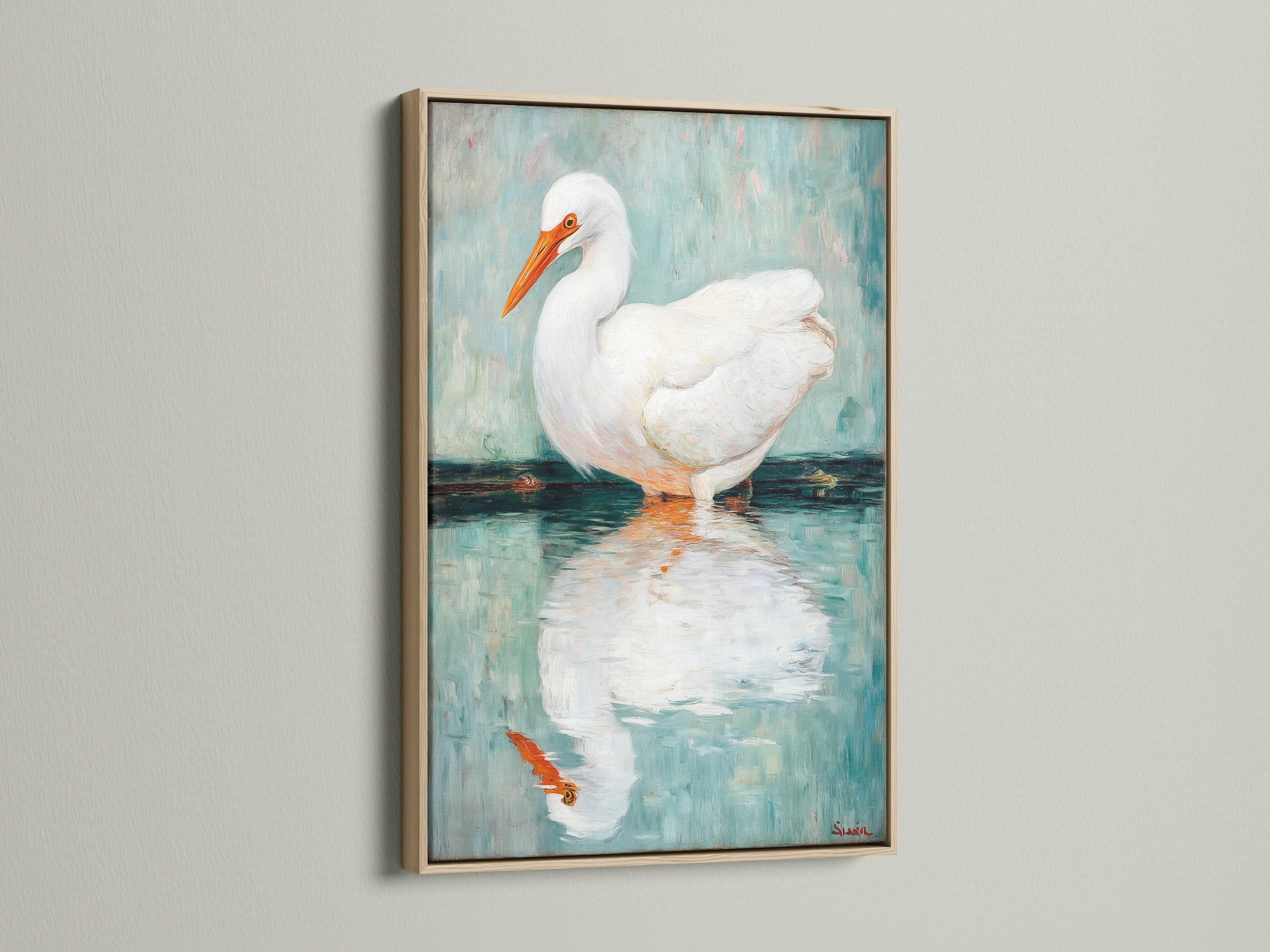A close-up of the Egret art in an oak frame. This bird canvas print adds a touch of nature to any space.  Ideal coastal wall art for a calming atmosphere. Perfect for minimalist and Scandinavian styles. Discover how this heron print enhances your home decor.  A wonderful gift for bird lovers seeking serene artwork.