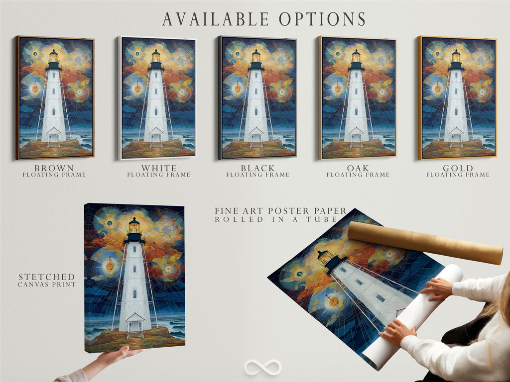 Available options for the lighthouse geometric sky artwork. Choose from a stretched canvas print fine art poster paper or floating frame. This coastal art is perfect for nautical home decor. Find the perfect option to suit your style and space. Enhance your living room bedroom or beach house.