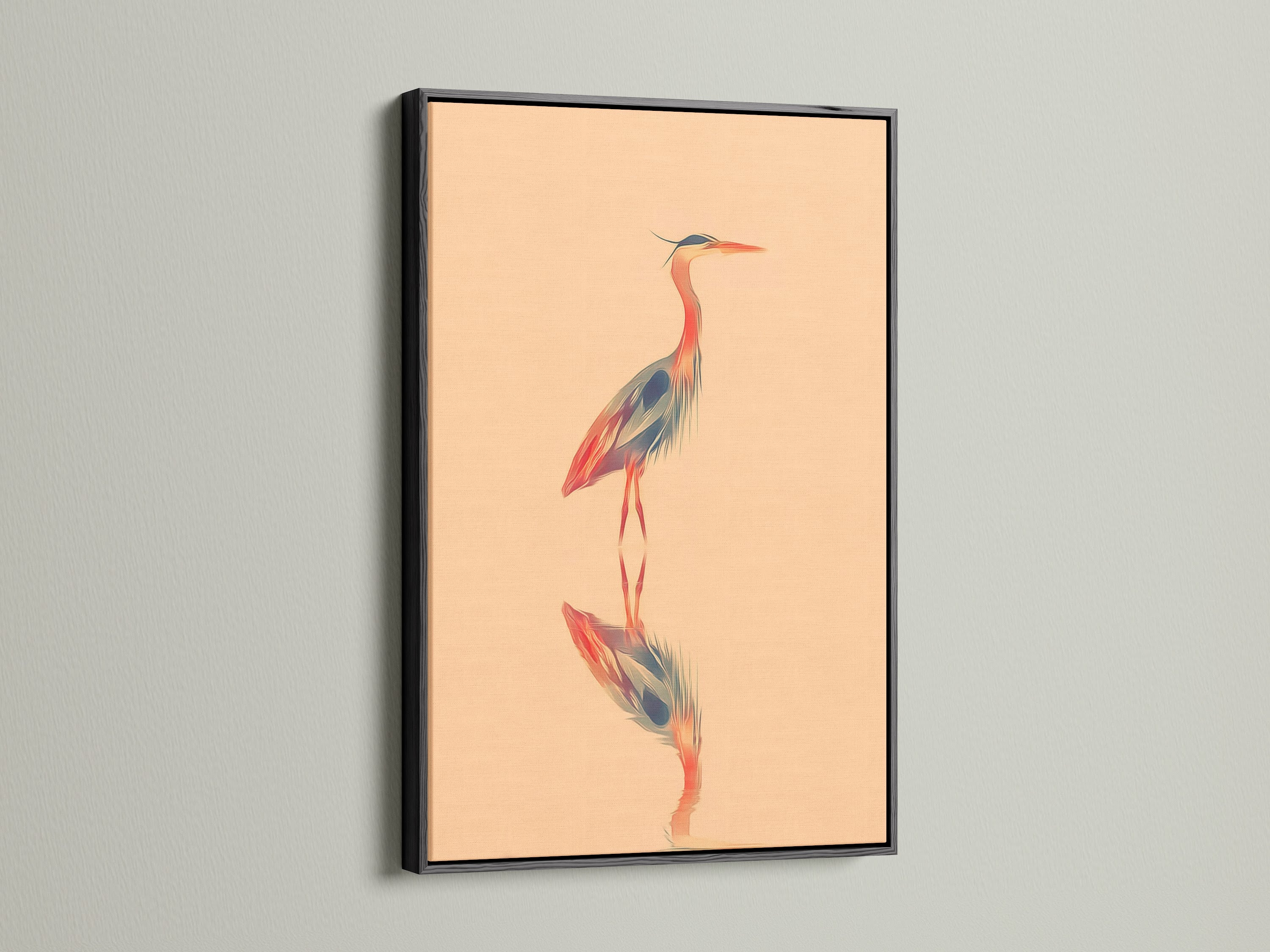Black frame showcasing a heron art print. The striking contrast emphasizes the coastal wall art. This minimalist decor is ideal for modern spaces. The bird canvas print brings a touch of nature. Perfect for a bird lover gift.