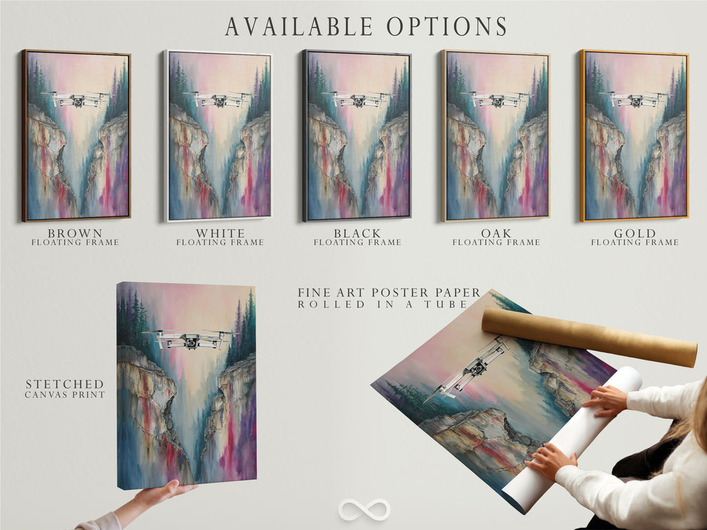 Available options for drone flight artwork are displayed. Choose from stretched canvas prints fine art poster paper or floating frames. This mountain cliff aerial view photography is customizable. Select the perfect format to complement your style. Enhance your space with modern artwork.