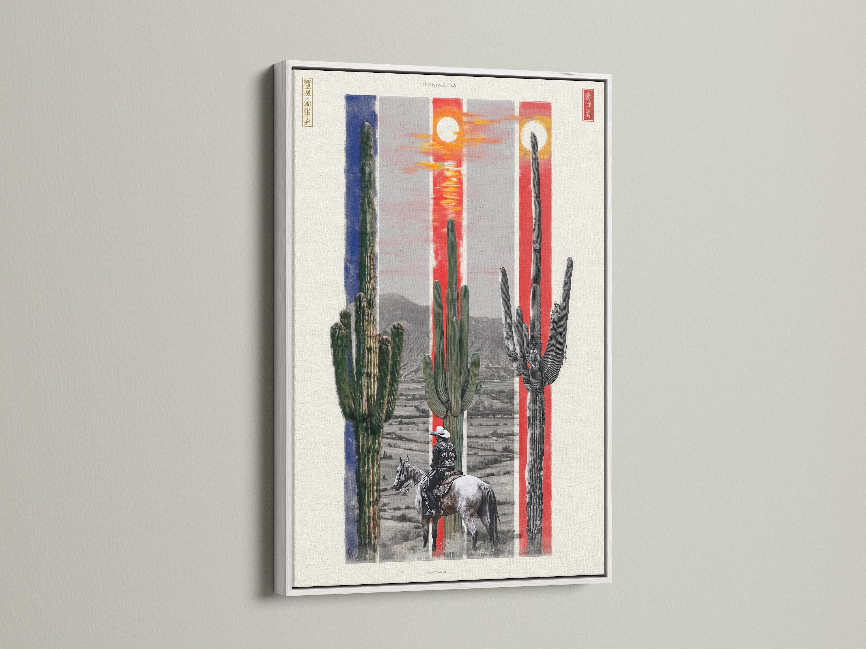 This desert cactus artwork is showcased in a white frame. The white frame enhances the vibrant southwestern landscape. This piece brings a clean fresh look to any space. Featuring a cowboy on horseback it is ideal for adding a touch of western charm to your home.