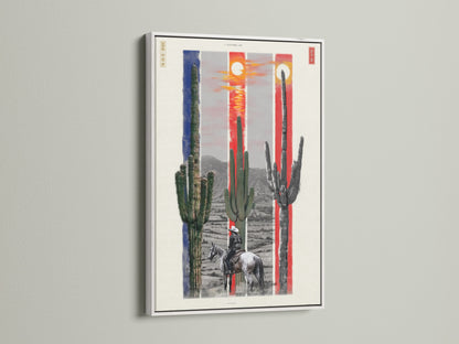 This desert cactus artwork is showcased in a white frame. The white frame enhances the vibrant southwestern landscape. This piece brings a clean fresh look to any space. Featuring a cowboy on horseback it is ideal for adding a touch of western charm to your home.