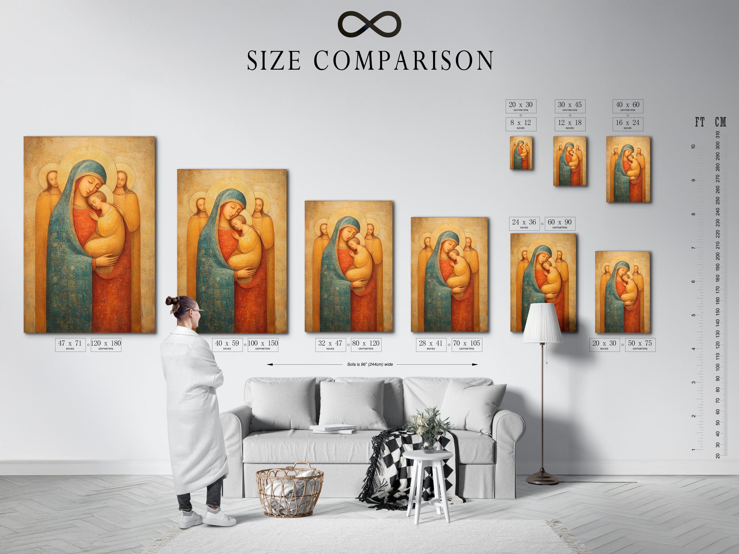 Size comparison chart for art prints. Visualize the different sizes in an interior. See how each size fits above furniture. Get a sense of scale and proportion. Choose the perfect size for your space. Make an informed decision for your art.