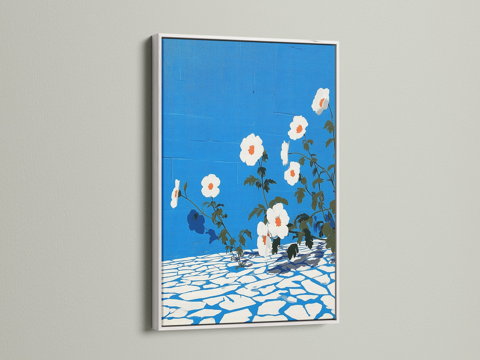 A white frame enhances the beauty of this floral canvas art. The botanical print features azure blue and is ideal for entryway wall decor. This flower artwork complements minimalist and Scandinavian styles.