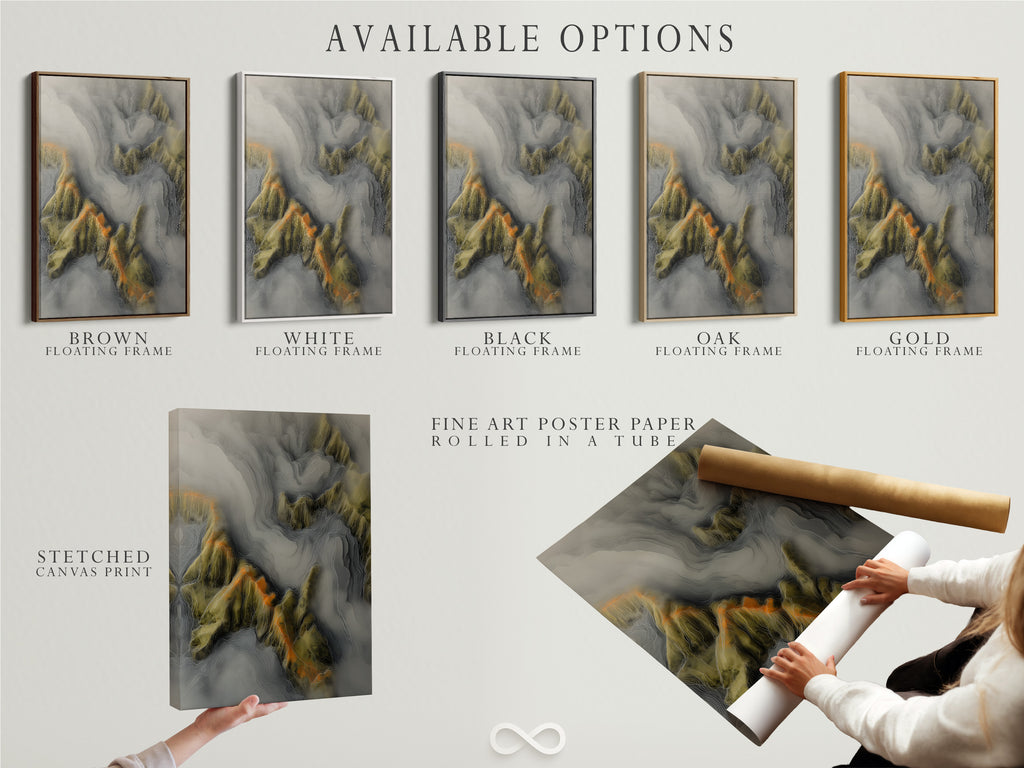 Available options include a stretched canvas print. Also available is fine art poster paper. And a floating frame. This image displays the different formats available. It allows customers to choose their preferred style. It lets them match their decor.