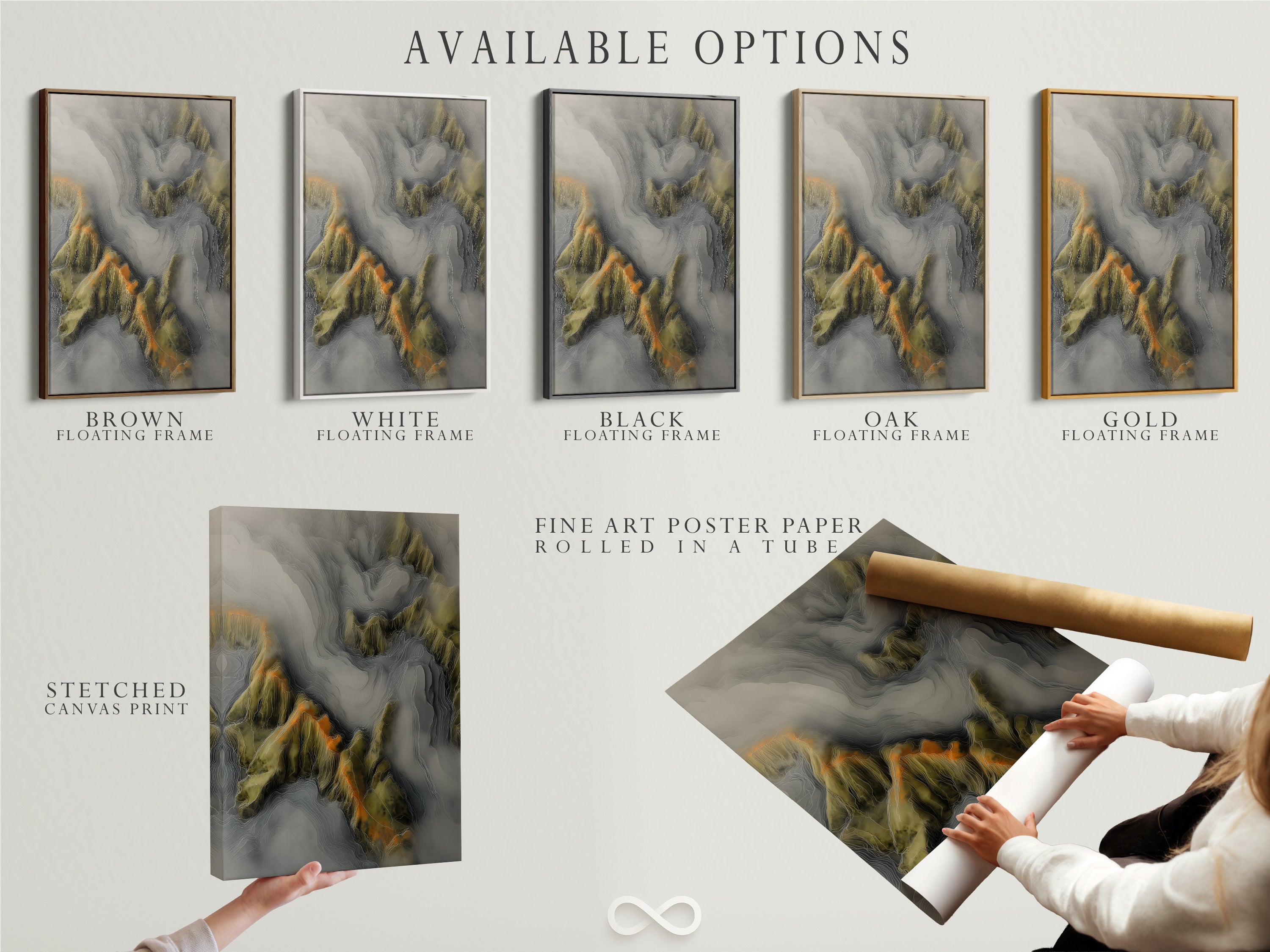 Available options include a stretched canvas print. Also available is fine art poster paper. And a floating frame. This image displays the different formats available. It allows customers to choose their preferred style. It lets them match their decor.