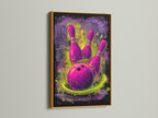 Bowling artwork is presented in a gold frame. The purple and green graffiti art print radiates sophistication. Ideal for enhancing a game room or man cave. The gold frame elevates the urban sports wall decor. This canvas print will add a touch of luxury to your space.