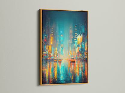 This photo displays the Rainy Night Cityscape artwork with a luxurious gold frame. The gold frame enhances the teal and orange artwork. It brings a touch of sophistication to your modern artwork decor. Perfect for office wall art.