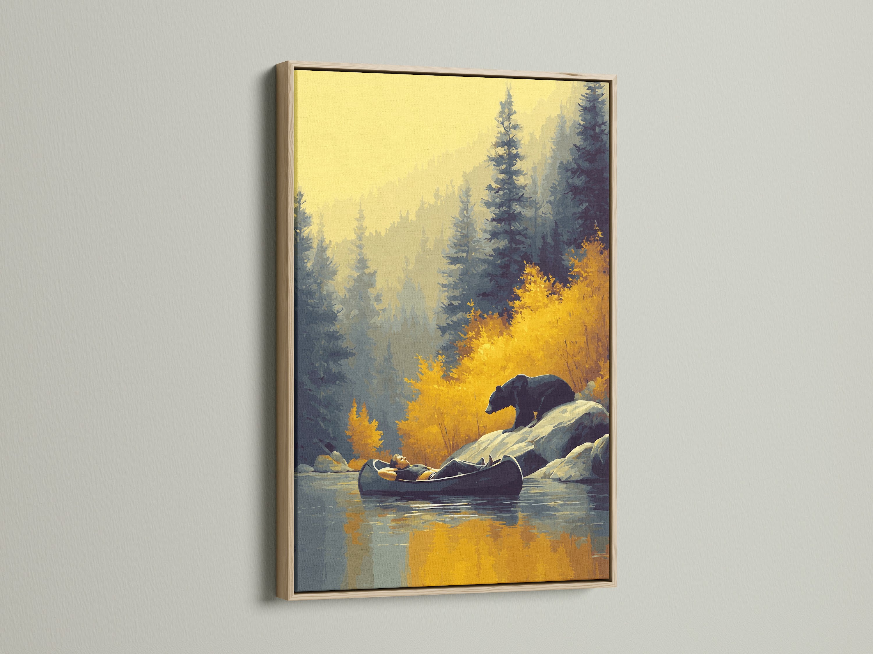 This artwork depicts a tranquil scene with a bear and canoe. It is showcased in an oak frame. The warm tones enhance the serene nature print. Ideal for adding a touch of the outdoors to any space.