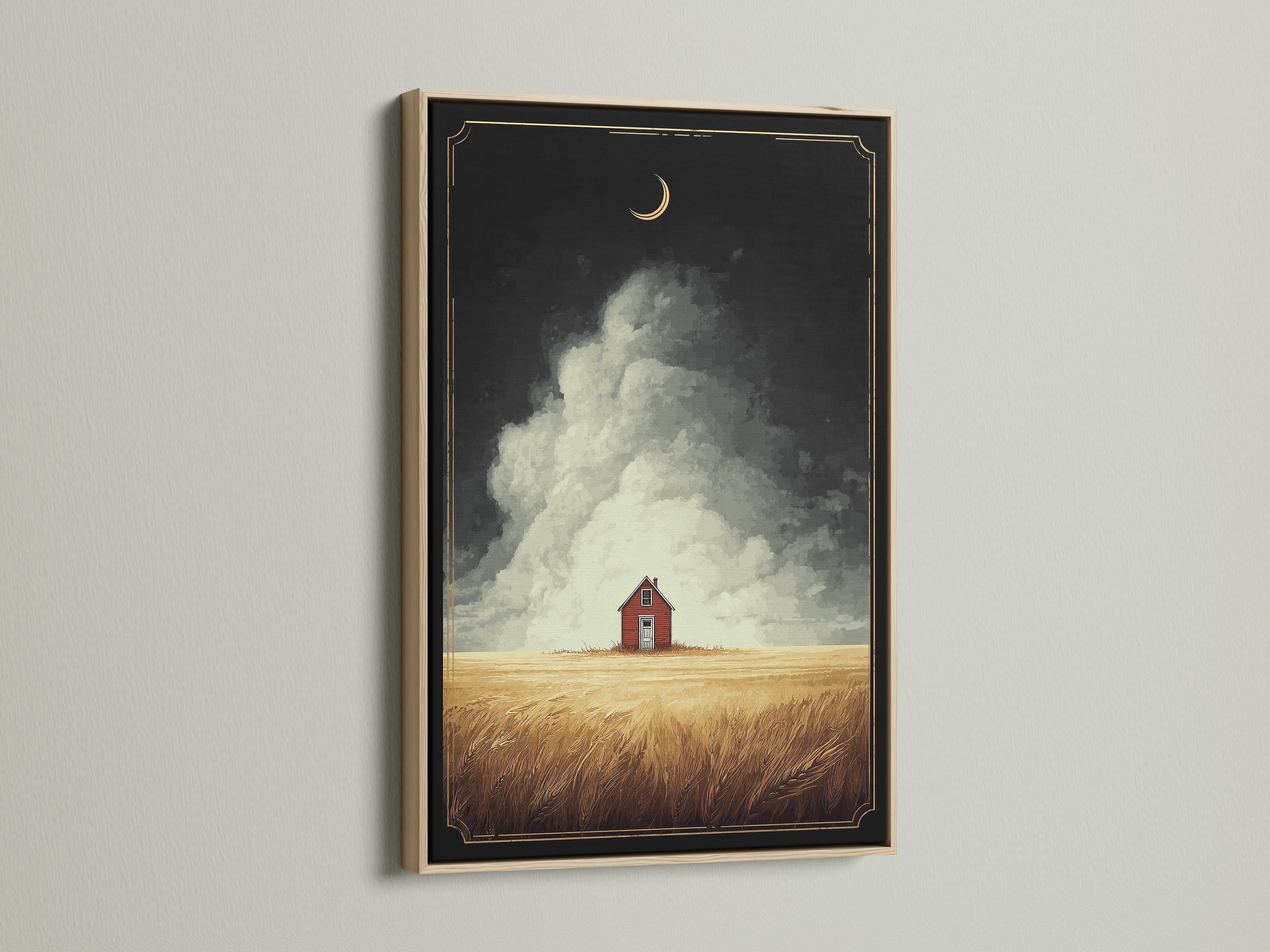 The oak frame enhances the farmhouse art a red barn in a golden wheat field. The artwork brings warmth and character to any space. Ideal for creating a cozy and inviting atmosphere in your home. This landscape wall art complements rustic vintage or eclectic styles.
