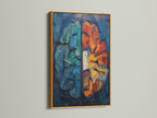 The abstract brain art print is presented in a luxurious gold frame. The metallic accentuates the artwork's bold colors. It will add a touch of elegance to any room. Ideal for living rooms or professional offices. This neuroscience artwork makes a statement. Add this science wall decor today.