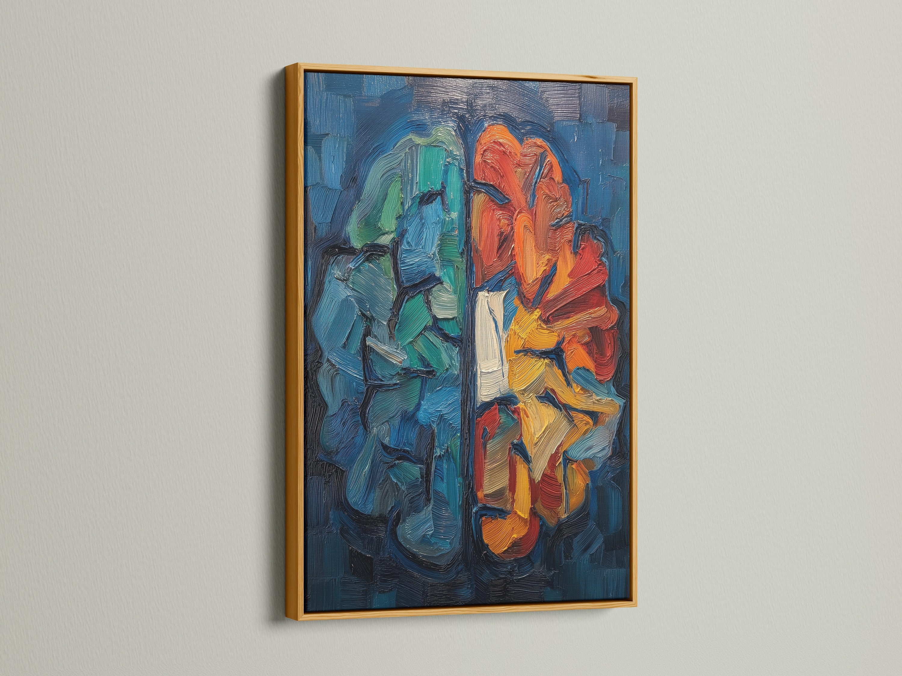 The abstract brain art print is presented in a luxurious gold frame. The metallic accentuates the artwork's bold colors. It will add a touch of elegance to any room. Ideal for living rooms or professional offices. This neuroscience artwork makes a statement. Add this science wall decor today.