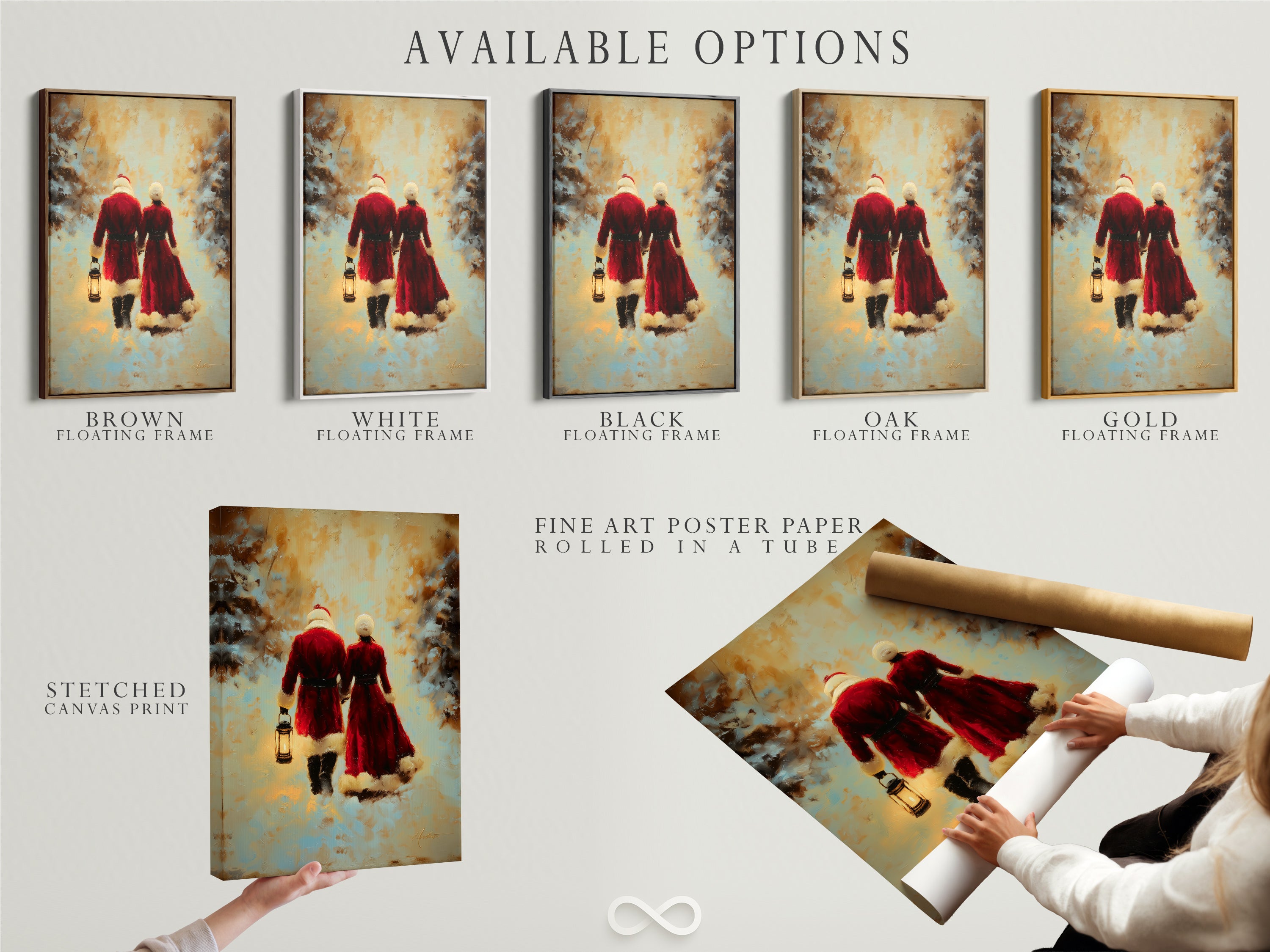 Explore our available options for your winter couple artwork. Choose from stretched canvas print fine art poster paper or a floating frame. Find the perfect style for your festive wall decor.