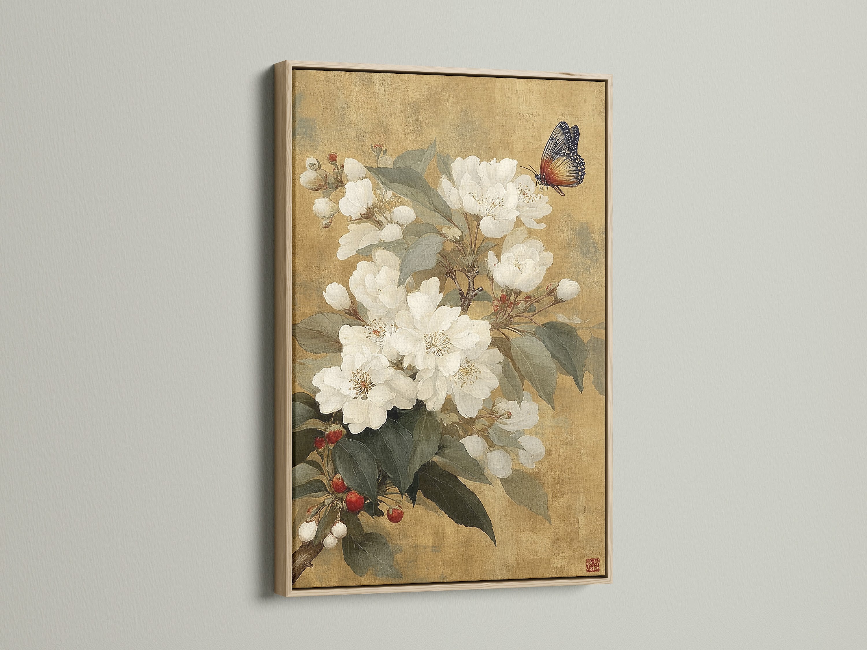 Vintage floral print displayed in an oak frame. The traditional Asian style artwork features white flowers and a butterfly. Elevate your living room wall decor with this botanical wall art. The oak frame adds a touch of natural elegance to this nature canvas print.