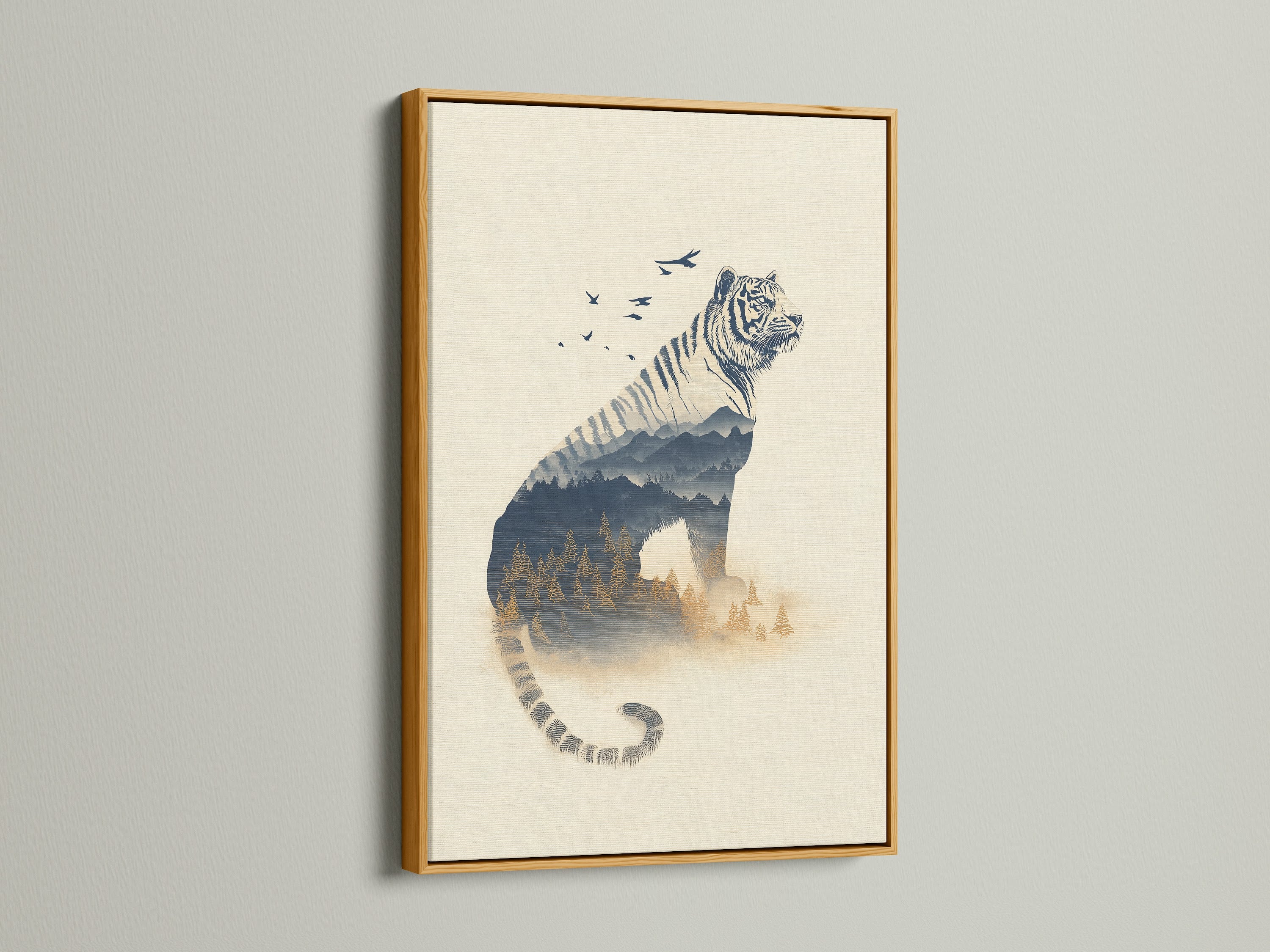 A gold frame elevates this tiger double exposure artwork. This wildlife canvas print exudes luxury and style. Perfect for adding a touch of glamour to your office wall art. The gold frame enhances the misty forest print. This is a beautiful nature canvas print.
