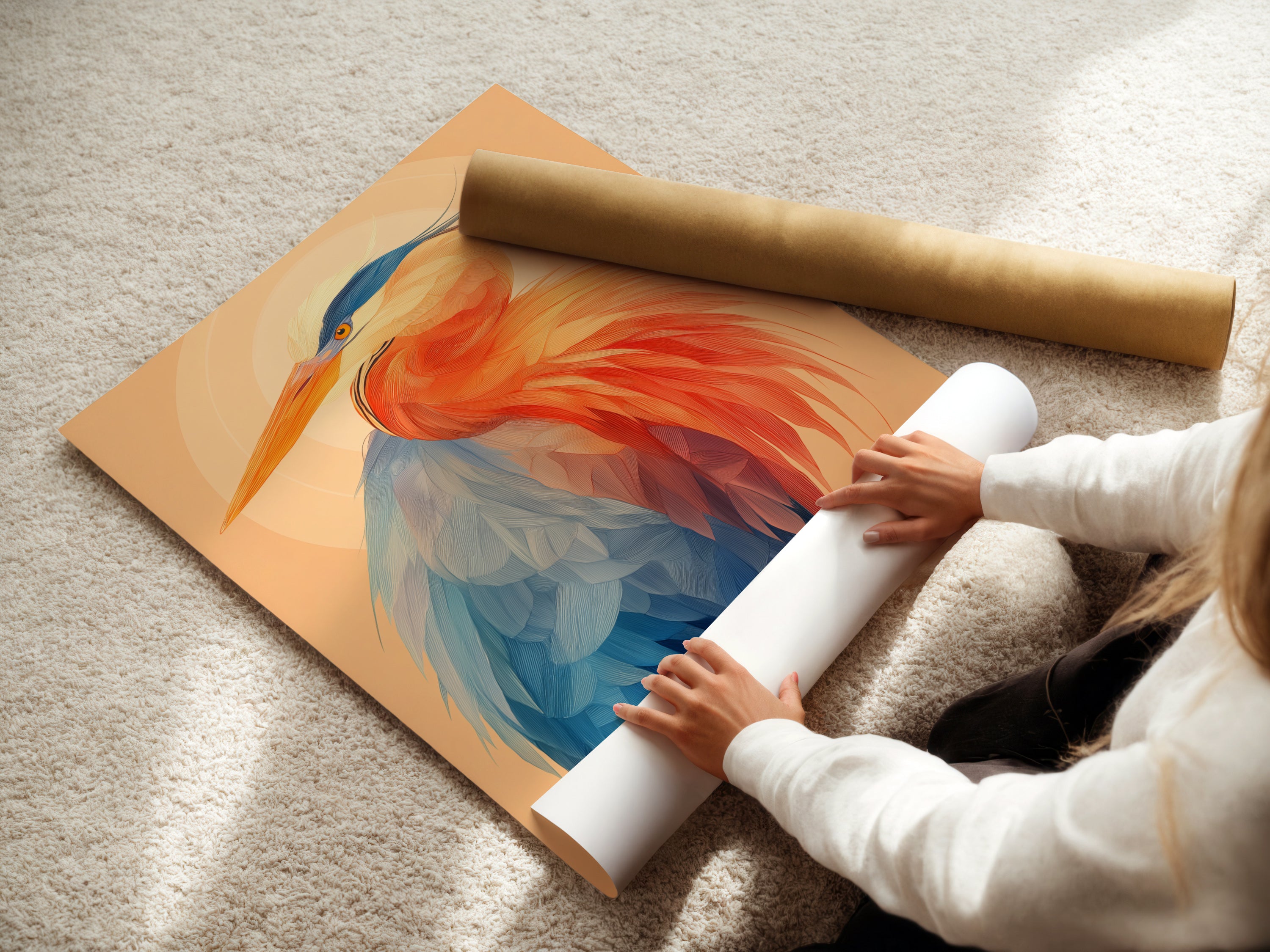Woman carefully rolling a fine art poster paper print of a heron artwork. The coastal bird wall art is printed with high quality inks. It ensures a vibrant and lasting avian artwork. Perfect for framing or displaying as a modern art print. This heron decor adds a touch of nature inspired beauty to any space.
