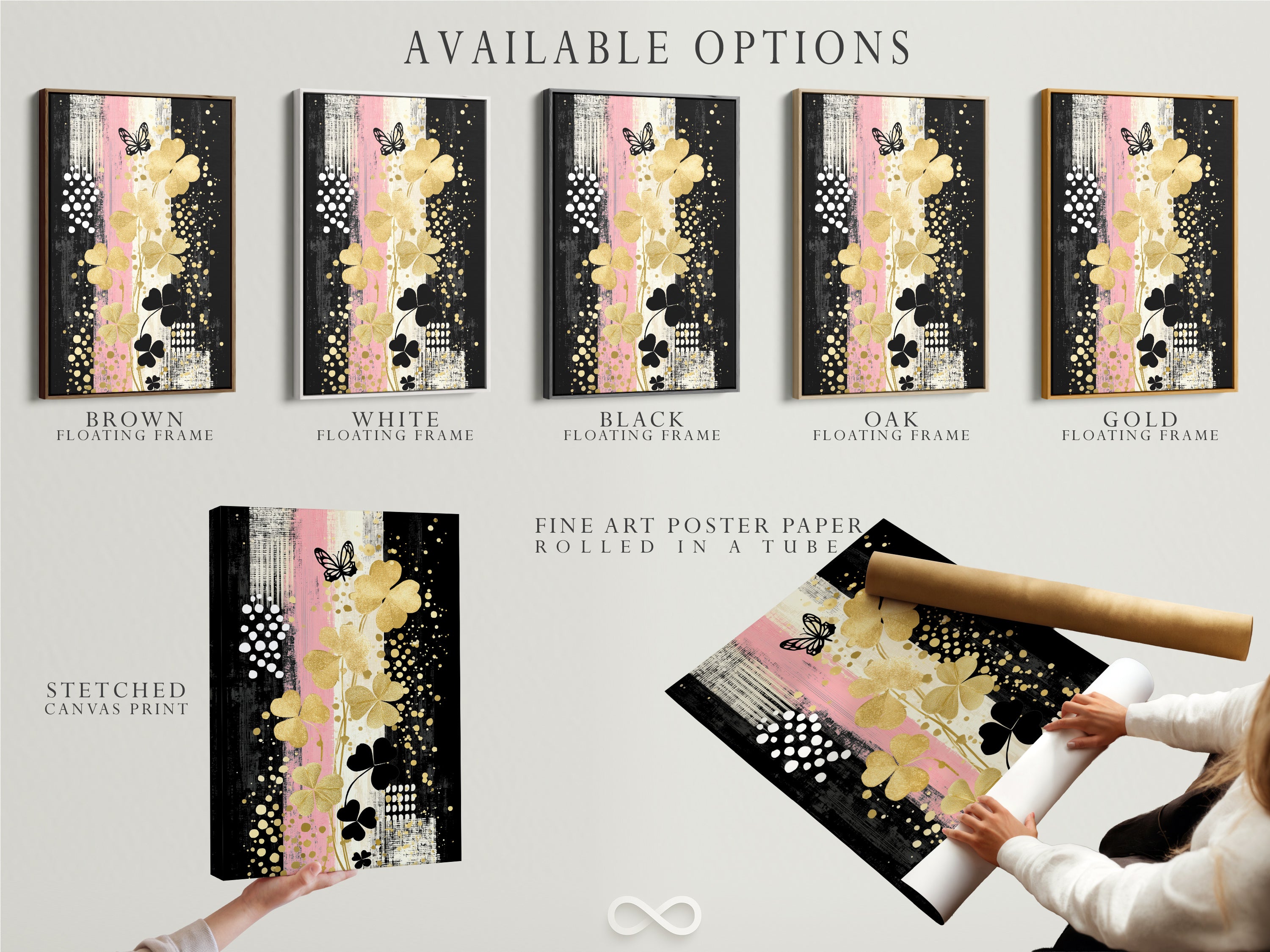 Available options for the Clover Canvas Print art. Choose from a stretched canvas print fine art poster paper or a floating frame. Customize your modern botanical artwork to suit your taste.