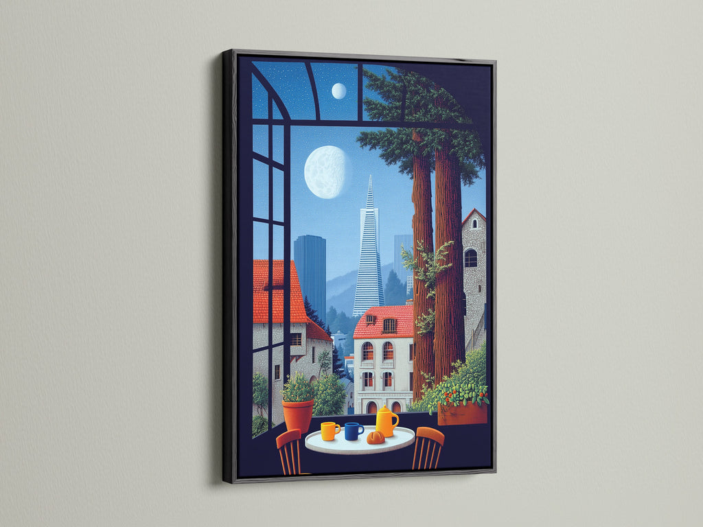 Framed cityscape artwork with a black frame. This window view print showcases San Francisco. Enhance your dining room with urban wall decor. This city scene artwork brings California to your space. It is modern canvas art.
