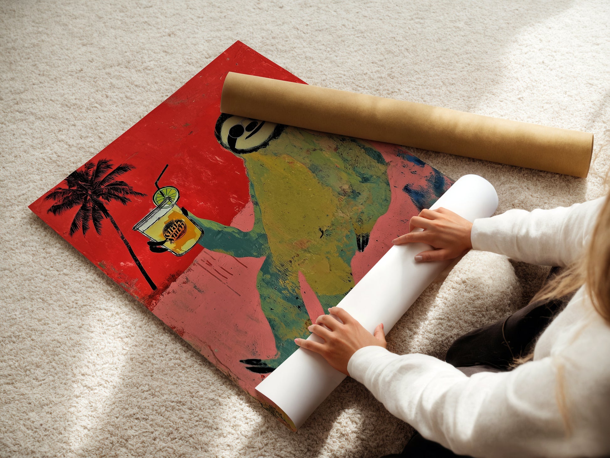 A woman is carefully rolling a fine art poster paper. This paper is used for creating high-quality sloth art prints. It ensures a professional finish. This is ideal for those who appreciate detailed artwork.